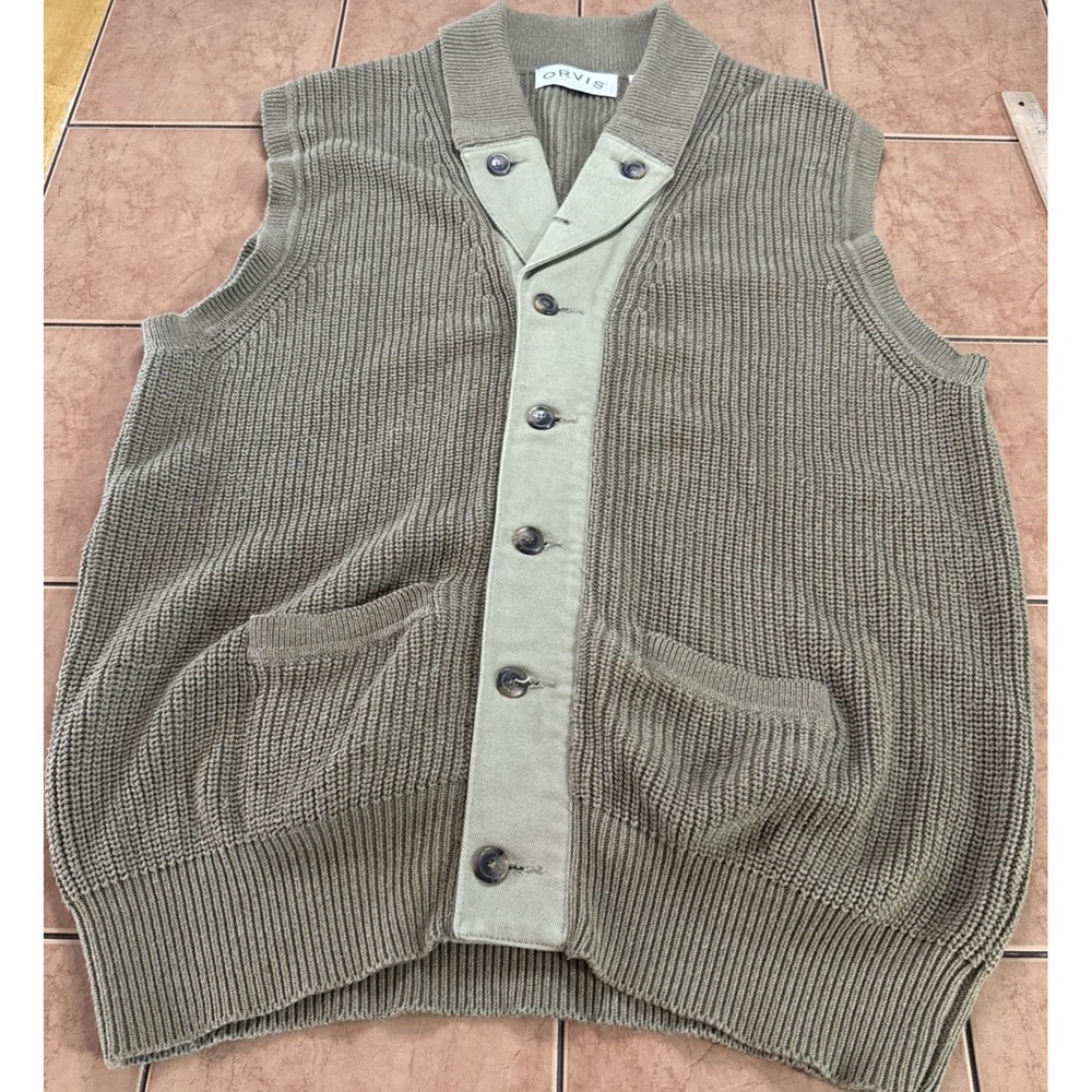 ORVIS Cardigan Vest Men's Sz L Fishing Sweater Knit Thick Cotton Vintage Sweater